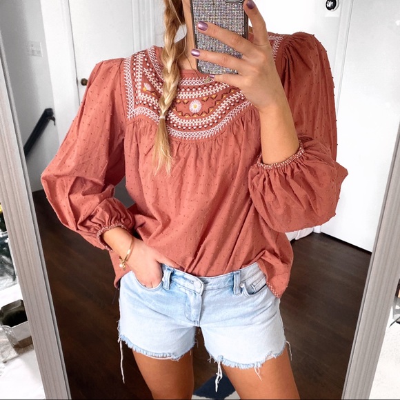 π MAX STUDIO BOHO TAUPE FLORAL EMBROIDERED LOOSE TOP! - Picture 6 of 13